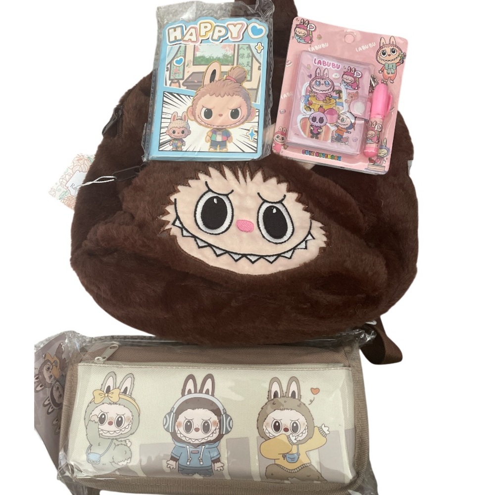 Little Monster Labubu Brown Plush Backpack + Accessories